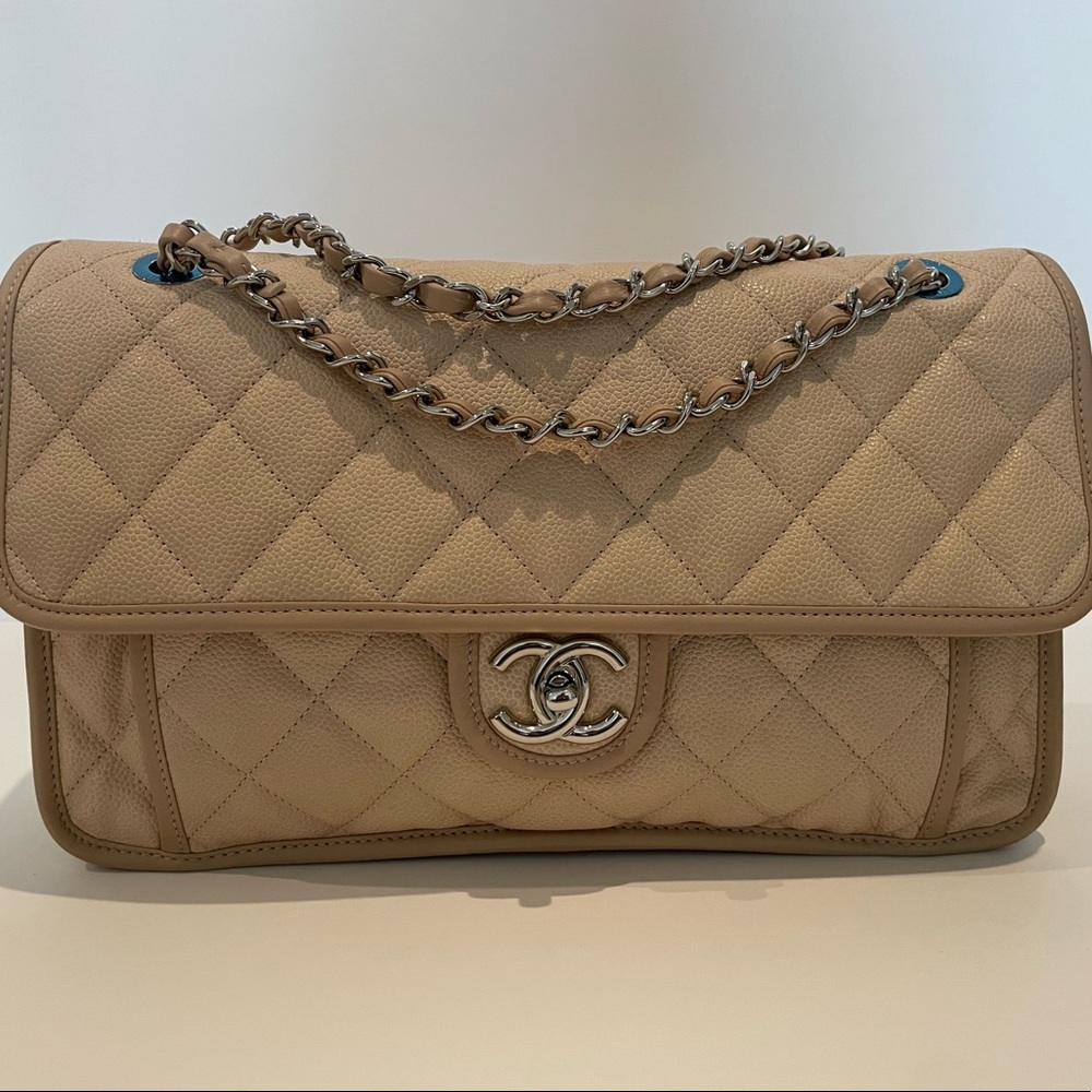 CHANEL Quilted Beige Leather Shoulder Bag with Silver Hardware